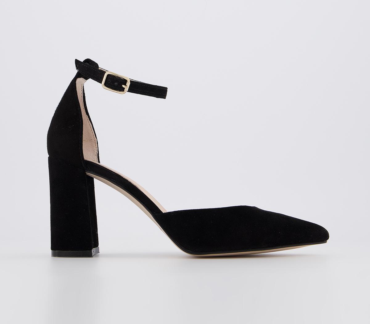 OFFICE Minnie Ankle Strap Court Heels Black Suede Mid Heels