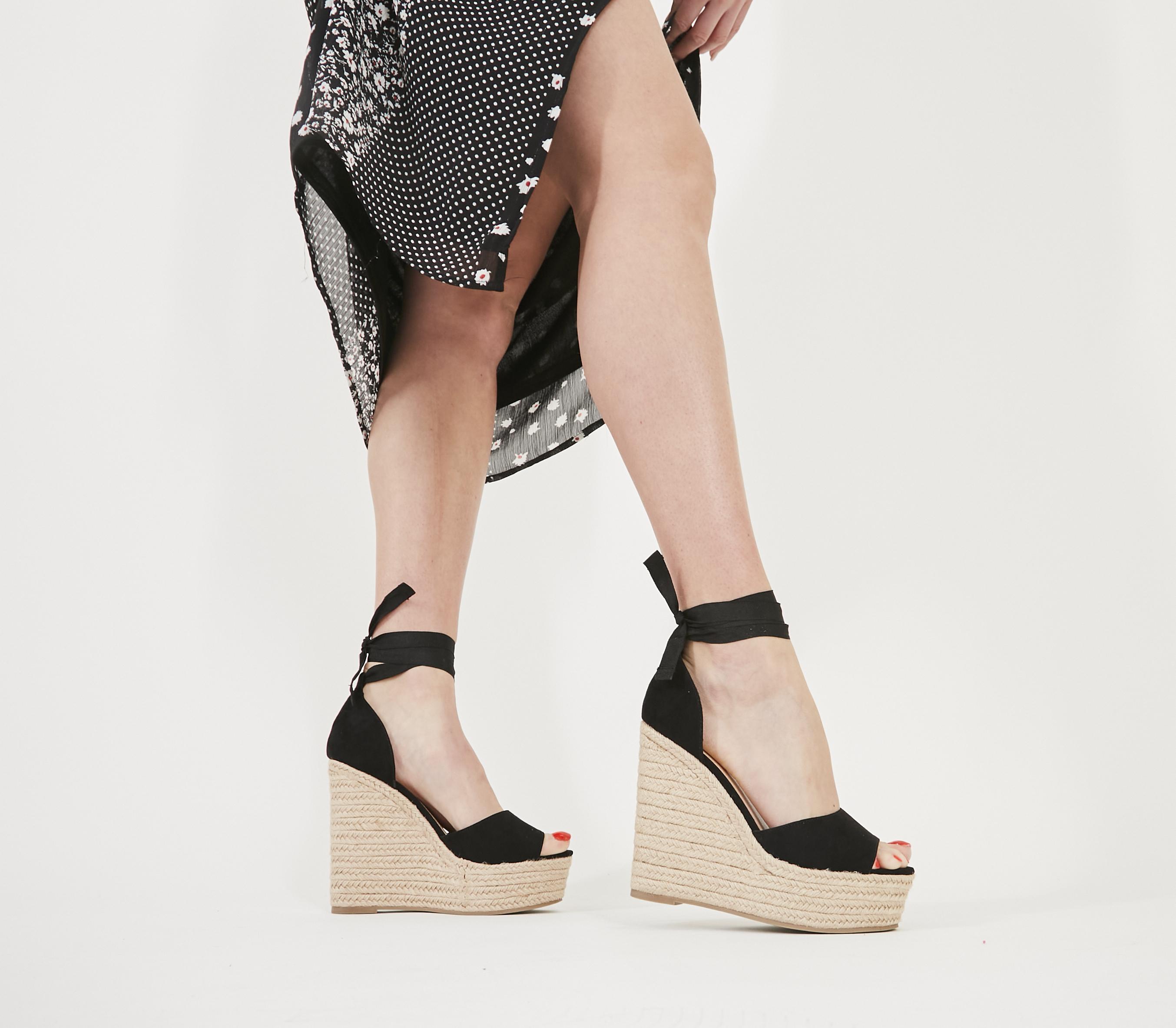 OFFICE Winnie Soft Tie Ankle Strap Wedge Black Women's Sandals