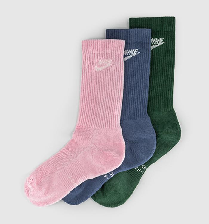 Nike Crew Socks 3 Pairs Blue Green Pink