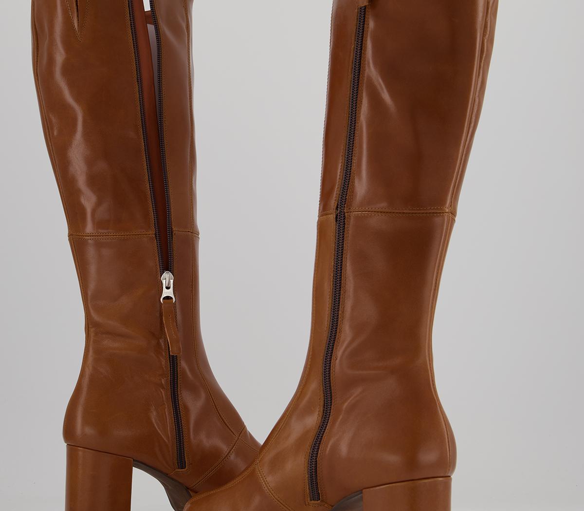 Office Kay Platform Knee Boots Tan Leather