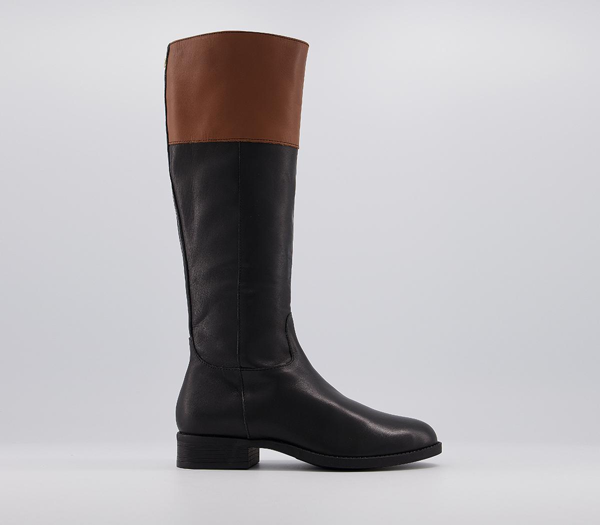 OFFICEKeeping Colour Block Rider Knee BootsBlack Leather Tan Collar Knee Boots