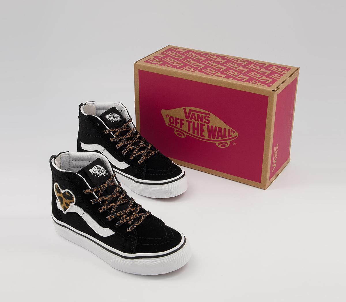 Vans Sk8 Hi Zip Kids Trainers Vans Sk8 Hi Zip Kids Trainers Leopard Heart Black