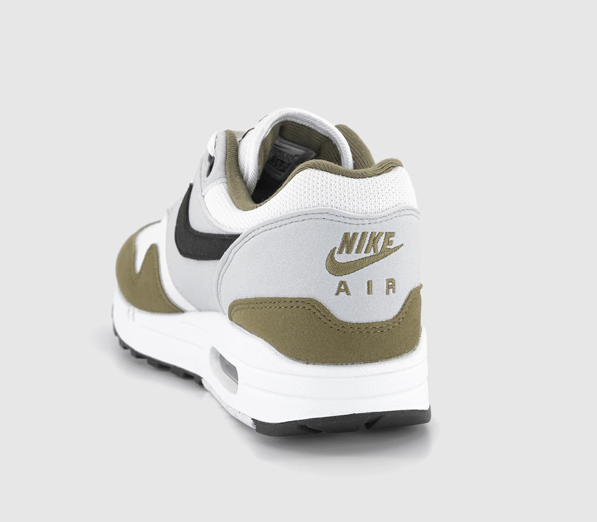 NikeAir Max 1 Trainers White Black Pure Platinum Medium Olive