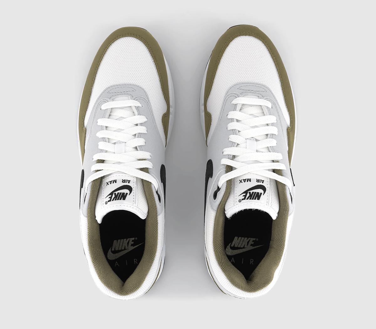 NikeAir Max 1 Trainers White Black Pure Platinum Medium Olive