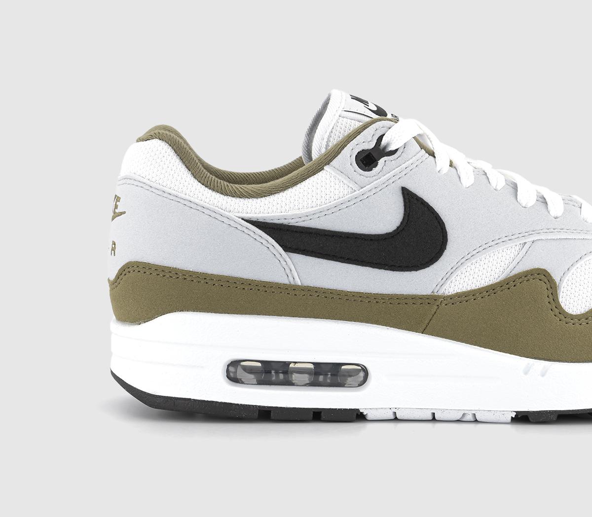NikeAir Max 1 Trainers White Black Pure Platinum Medium Olive
