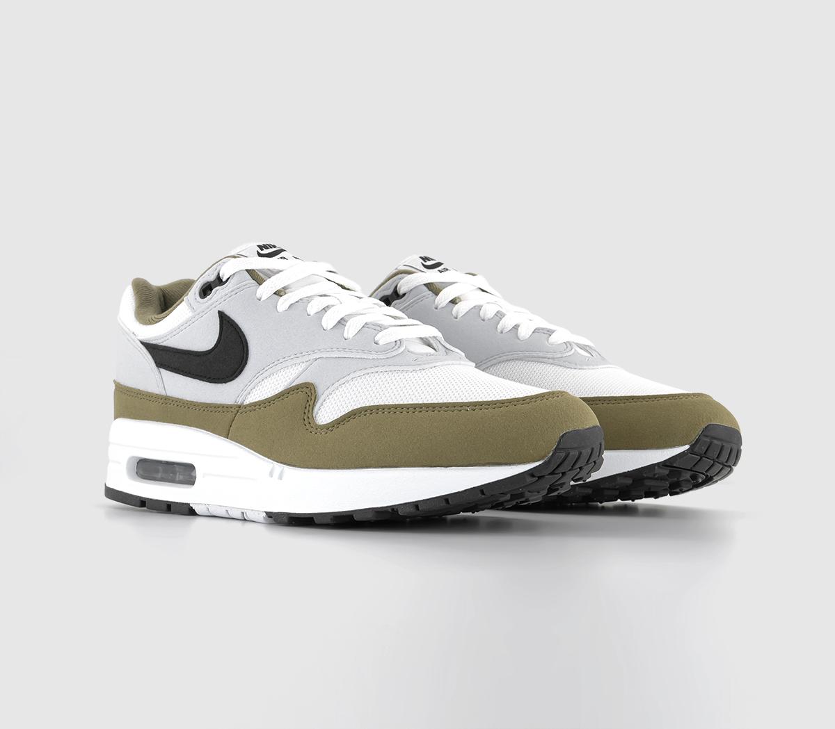 NikeAir Max 1 Trainers White Black Pure Platinum Medium Olive