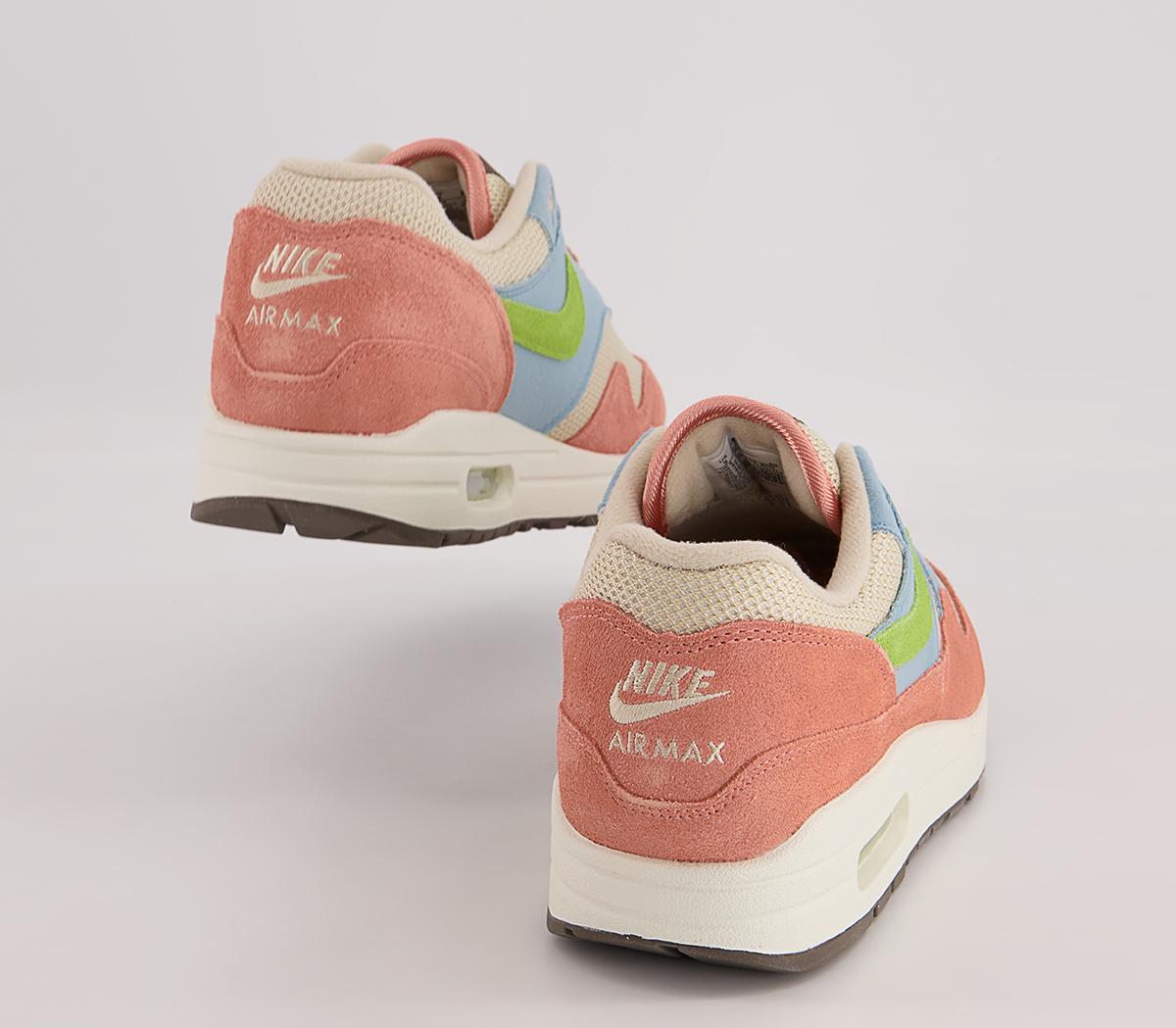 Nike Air Max 1 Trainers Nike Air Max 1 Trainers Light Madder Root Vivid Green Rattan Worn Blue Sai