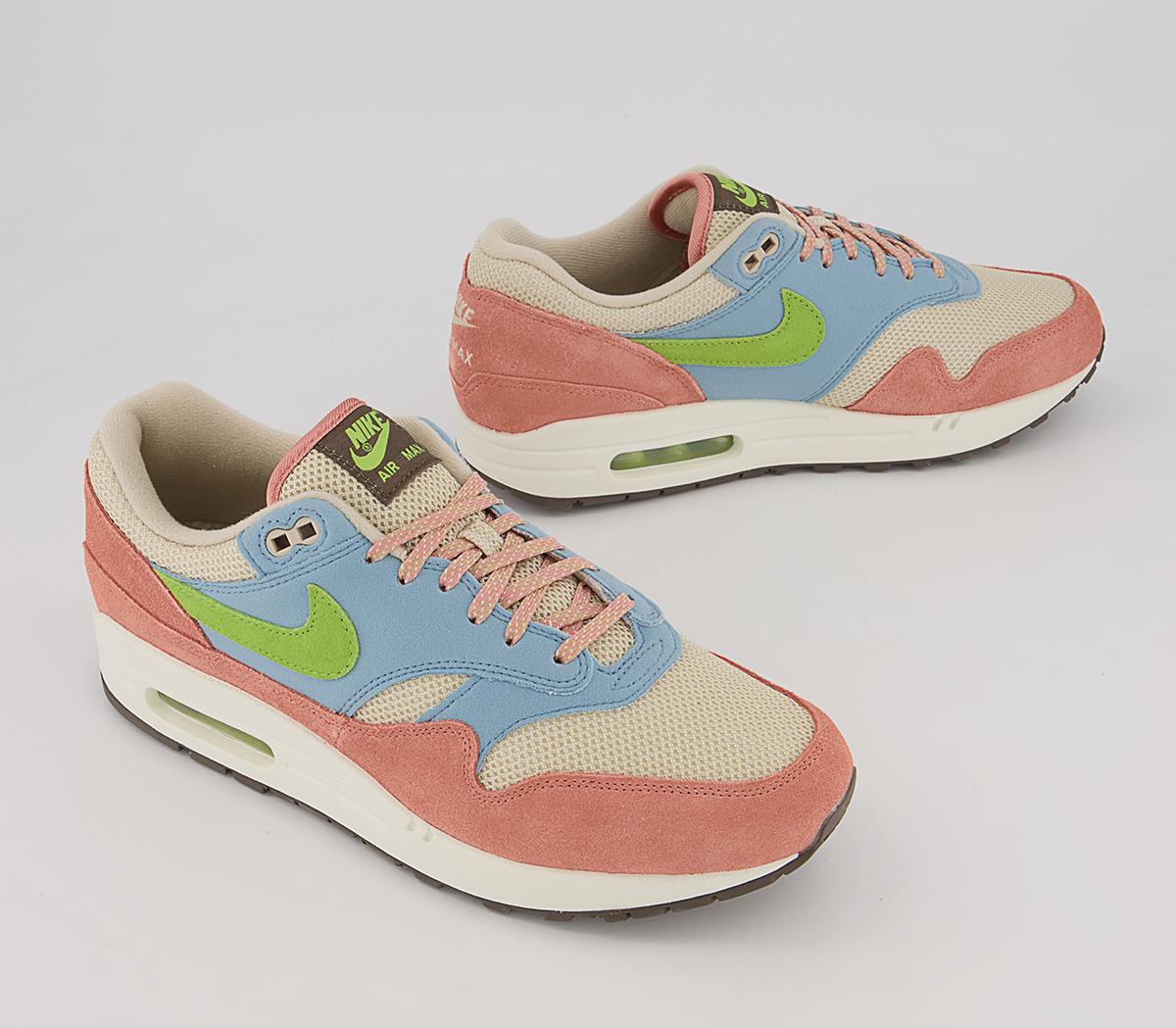 Nike Air Max 1 Trainers Nike Air Max 1 Trainers Light Madder Root Vivid Green Rattan Worn Blue Sai