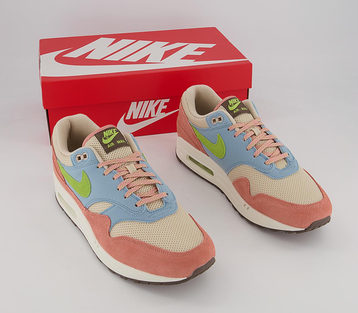 Nike Air Max 1 Trainers Nike Air Max 1 Trainers Light Madder Root Vivid Green Rattan Worn Blue Sai