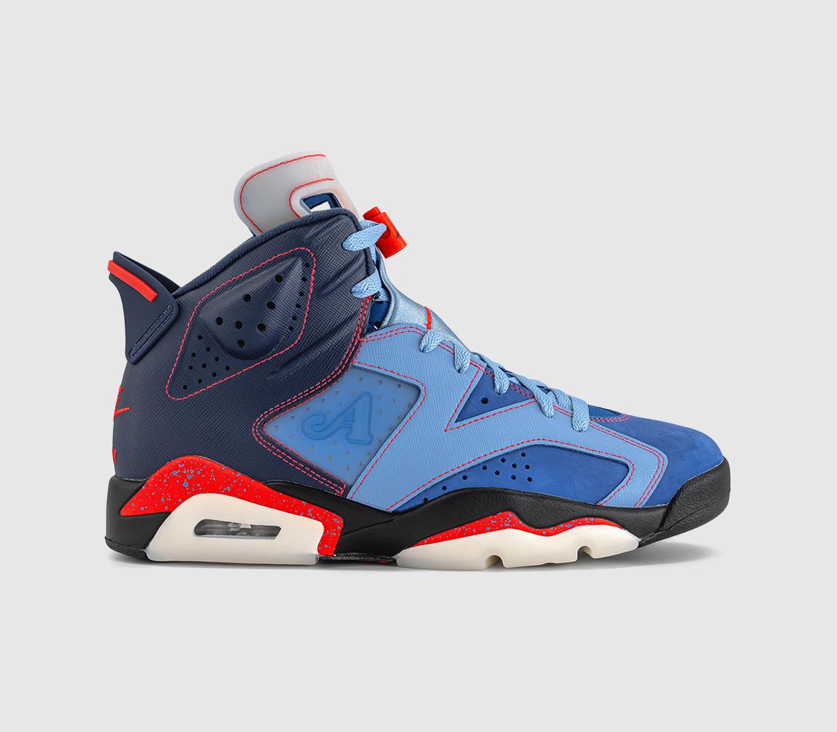 Awake NY x Air Jordan 6 Midnight Navy lateral view showing Saffiano leather midfoot overlay and Awake A logo