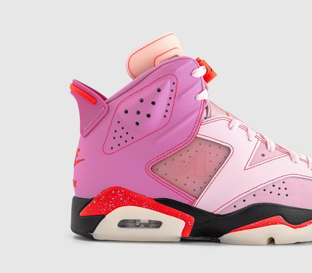 Awake NY x Air Jordan 6 Playful Pink detail showing Saffiano leather construction and Infrared accent
