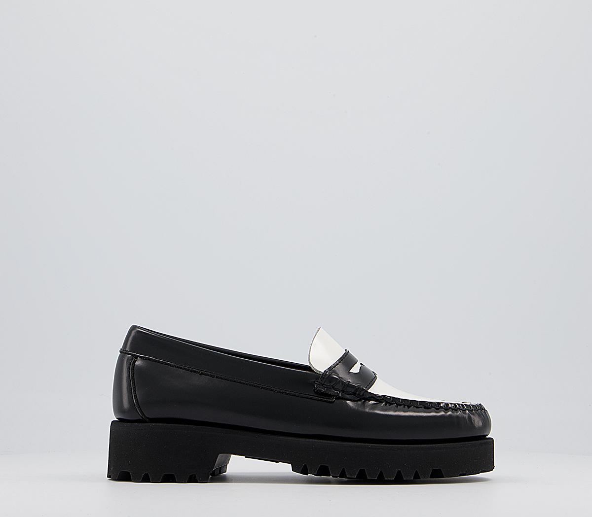 black white penny loafers