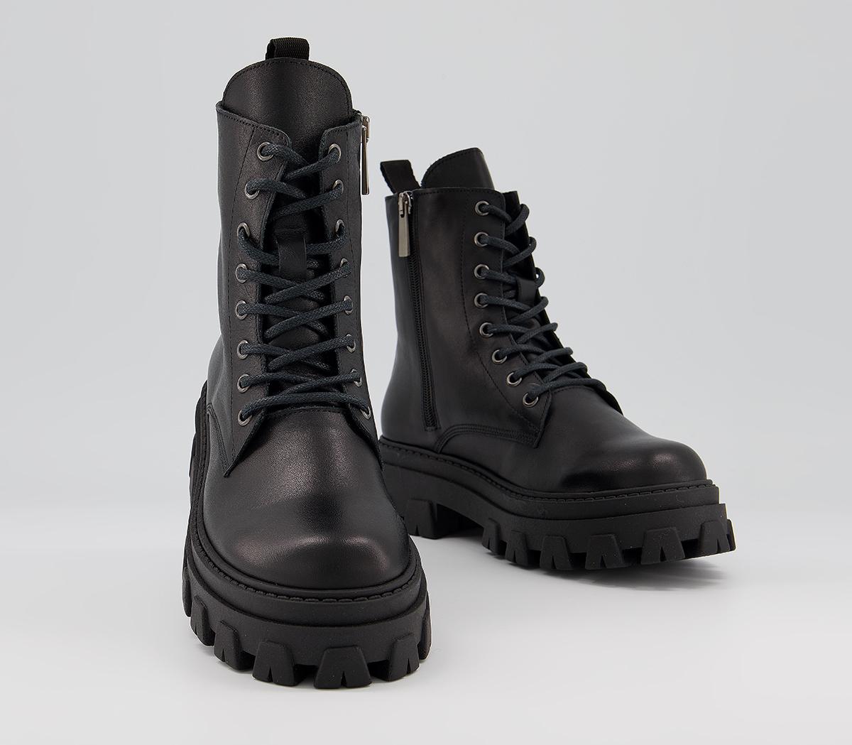 OFFICE Assuring Chunky Lace Up Boots Black Leather Women's Ankle