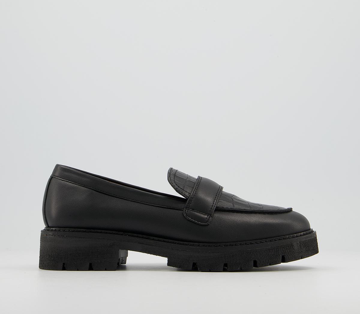 OfficeFrill Chunky Padded Loafer ShoesBlack Leather Croc Mix