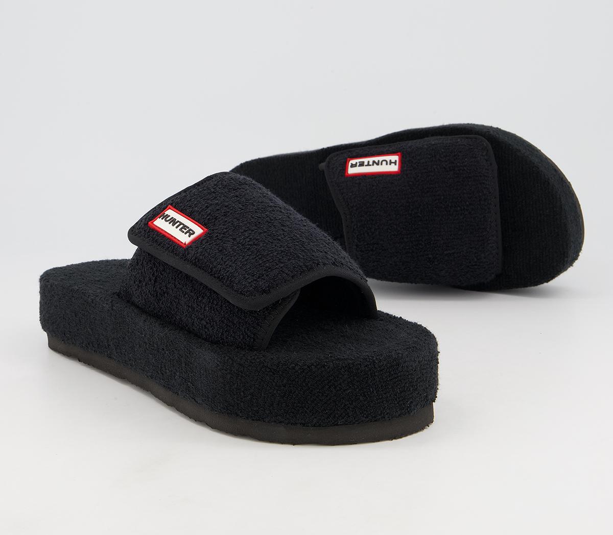 Hunter Terry Towelling Beach Slides Black Women's Sandals