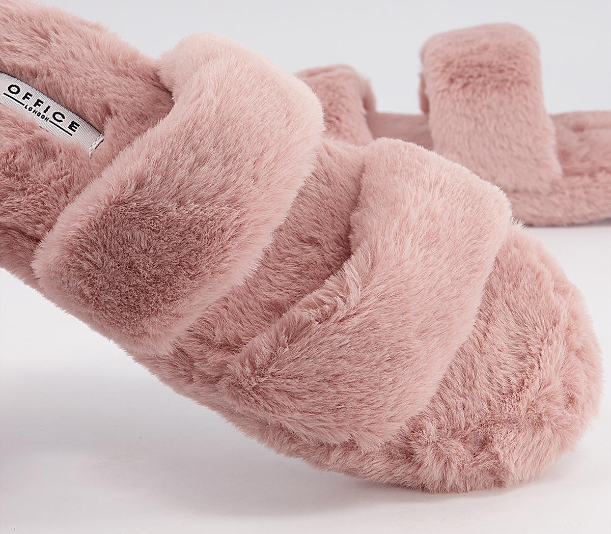 Office Froze Double Strap Fluffy Slippers Pink Flat Shoes For Women 0243