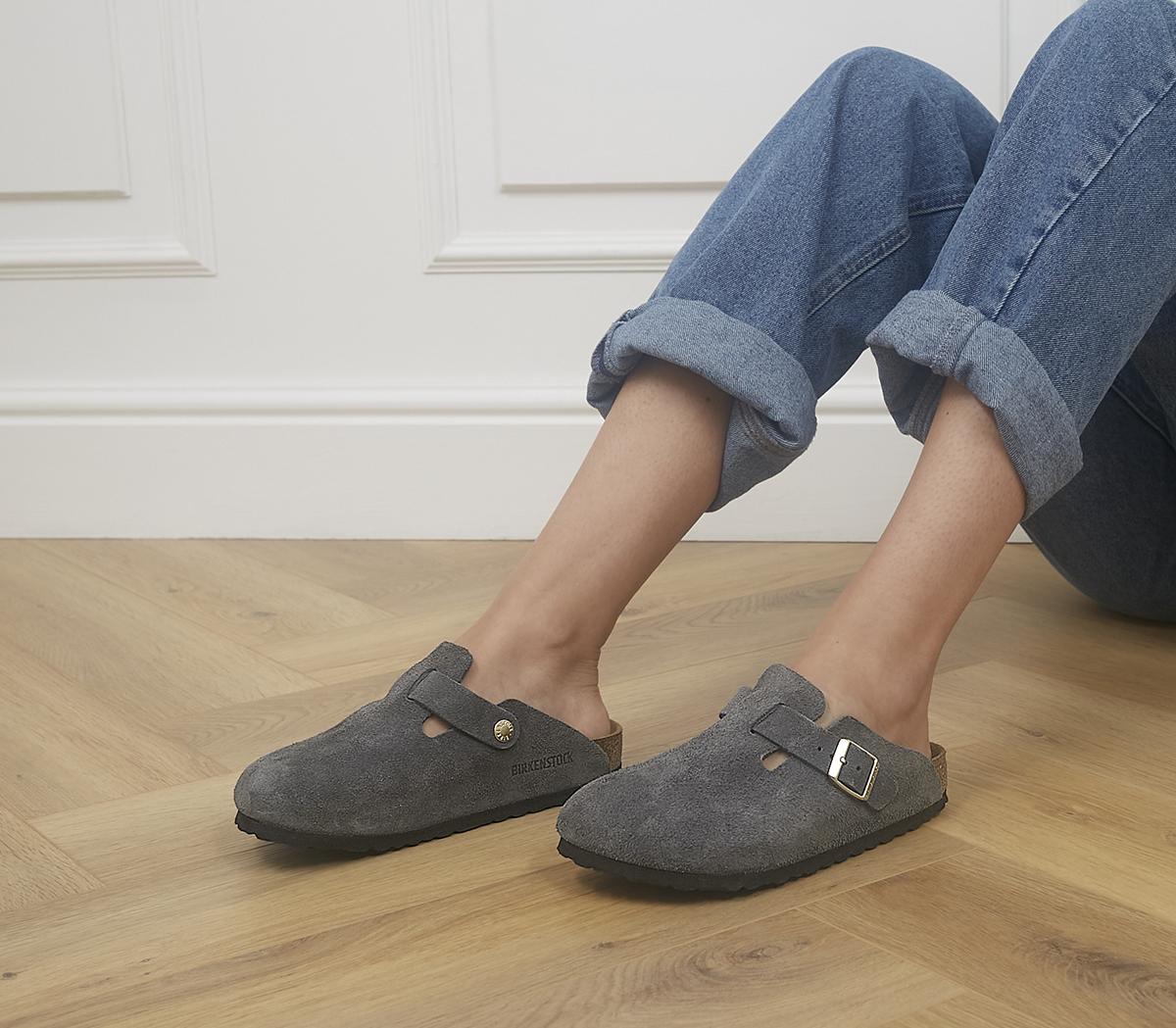 grey suede clogs