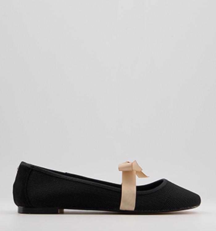 Office Flowing Bow Strap Ballet Flats Black Knit Nude Mix