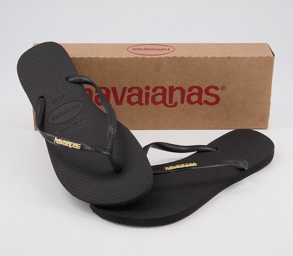 Havaianas Slim Logo Metallic Flip Flops Havaianas Slim Logo Metallic Flip Flops Black