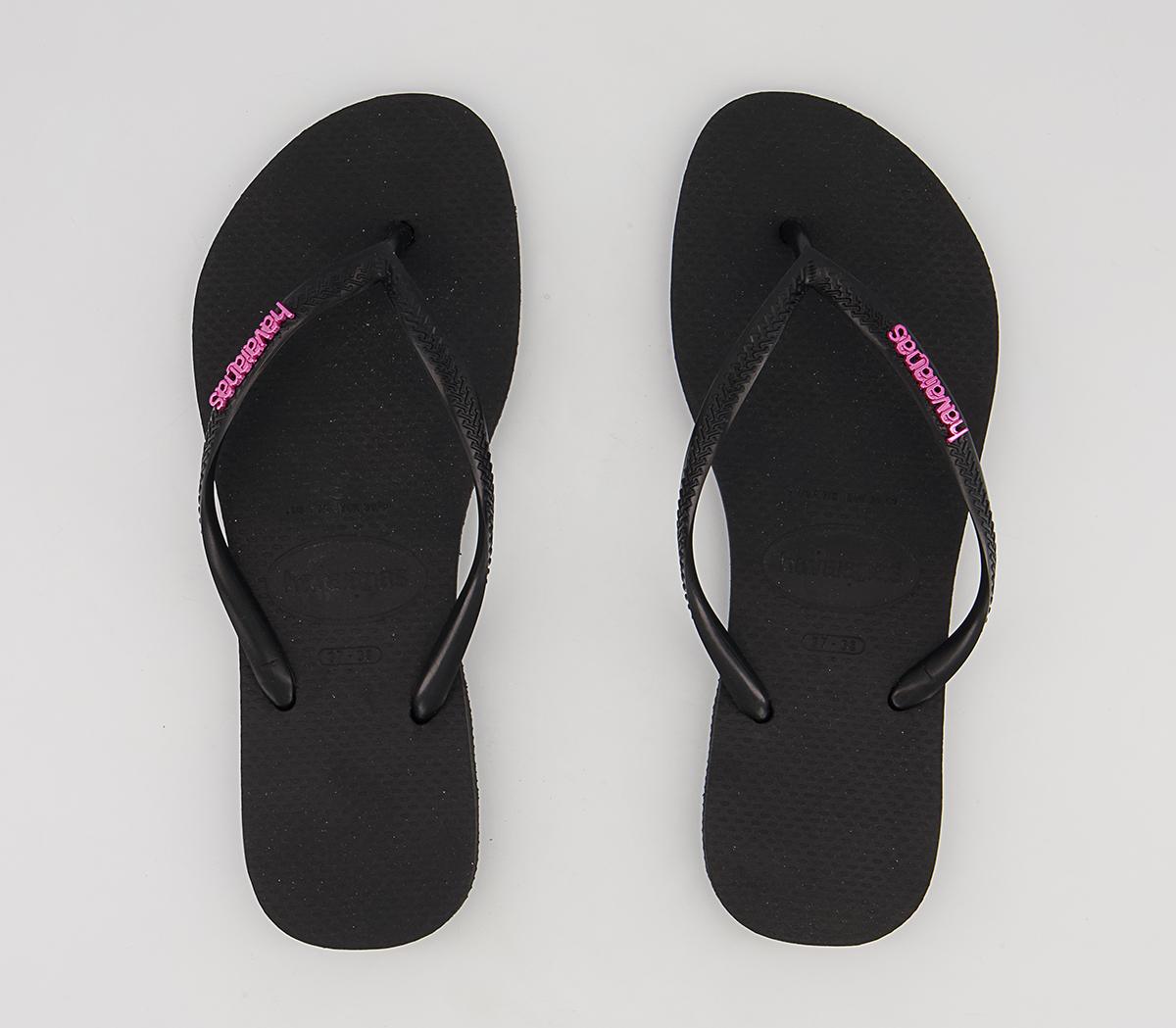 Havaianas Slim Logo Metallic Flip Flops Havaianas Slim Logo Metallic Flip Flops Black Pink