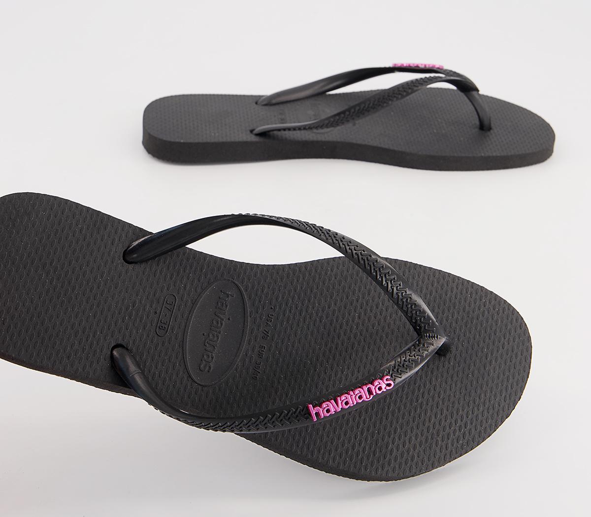 Havaianas Slim Logo Metallic Flip Flops Havaianas Slim Logo Metallic Flip Flops Black Pink