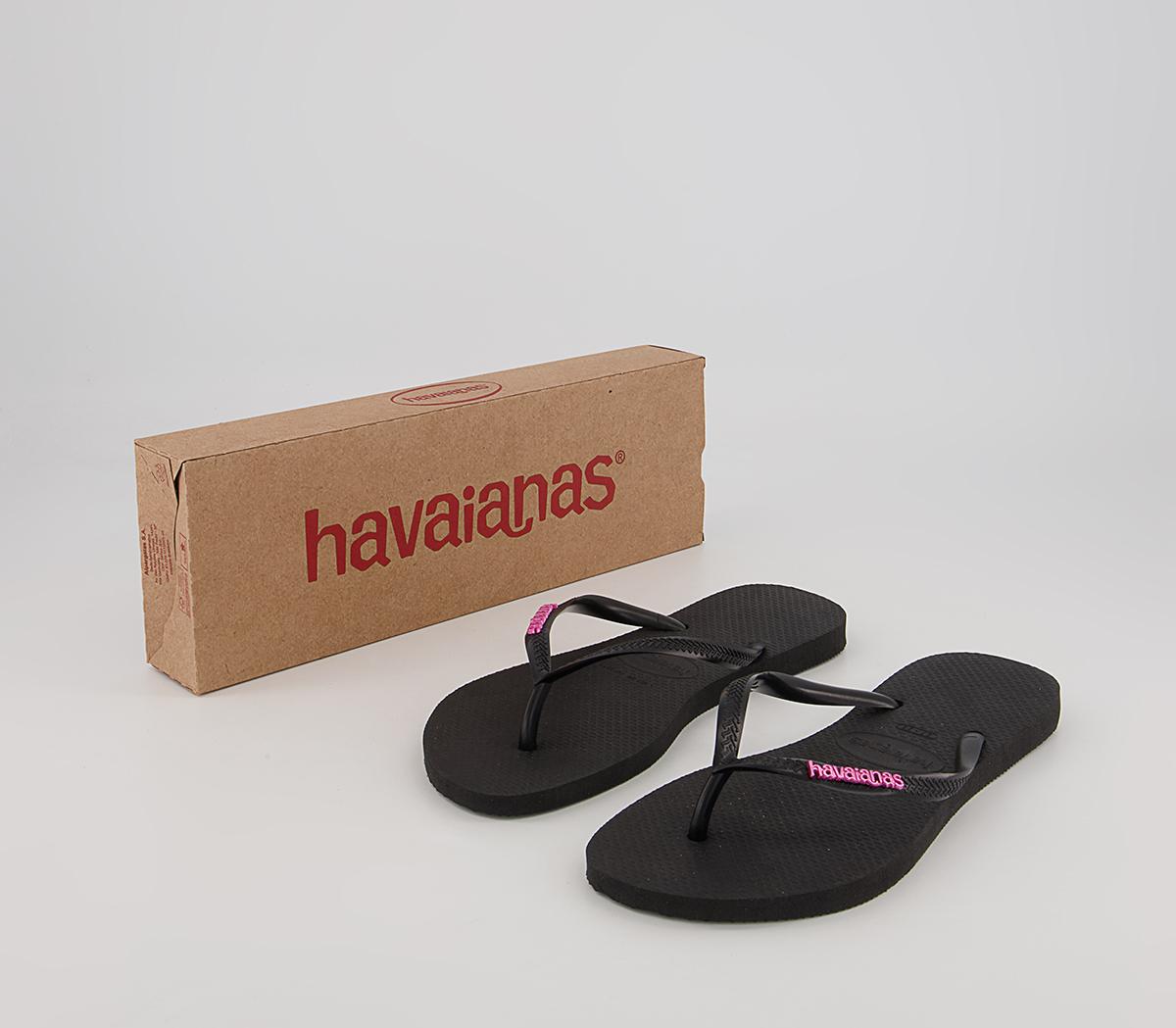 Havaianas Slim Logo Metallic Flip Flops Havaianas Slim Logo Metallic Flip Flops Black Pink
