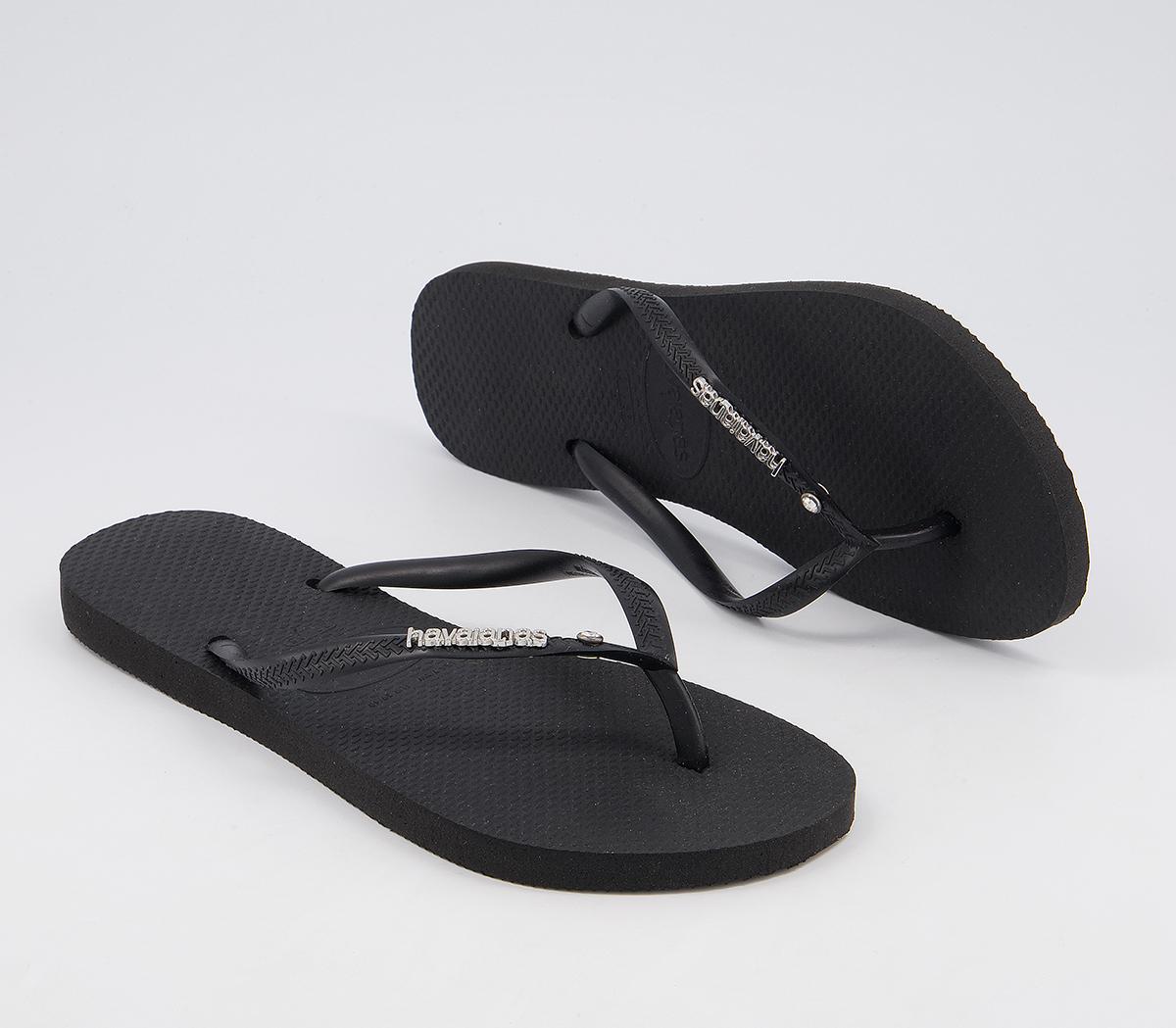 Havaianas Slim Metal Crystal Logo Flip Flops Black - Women’s Sandals