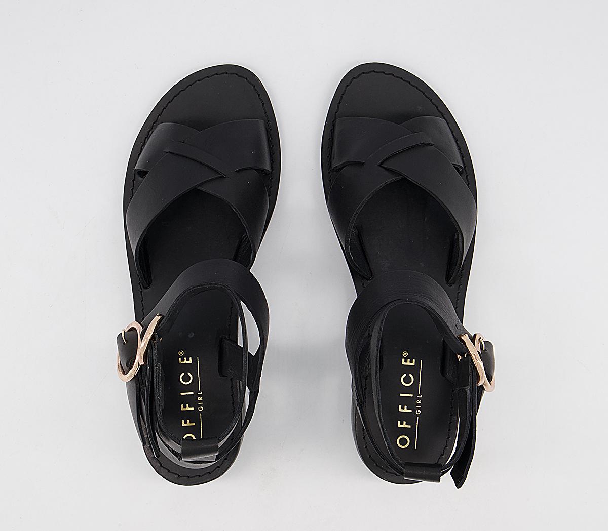 OFFICE Solution Buckle Ankle Strap Sandals Black Leather Women’s Sandals
