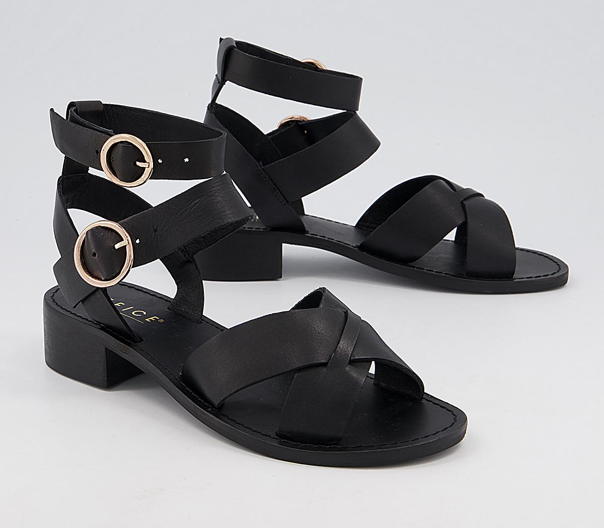 OFFICE Solution Buckle Ankle Strap Sandals Black Leather Women’s Sandals