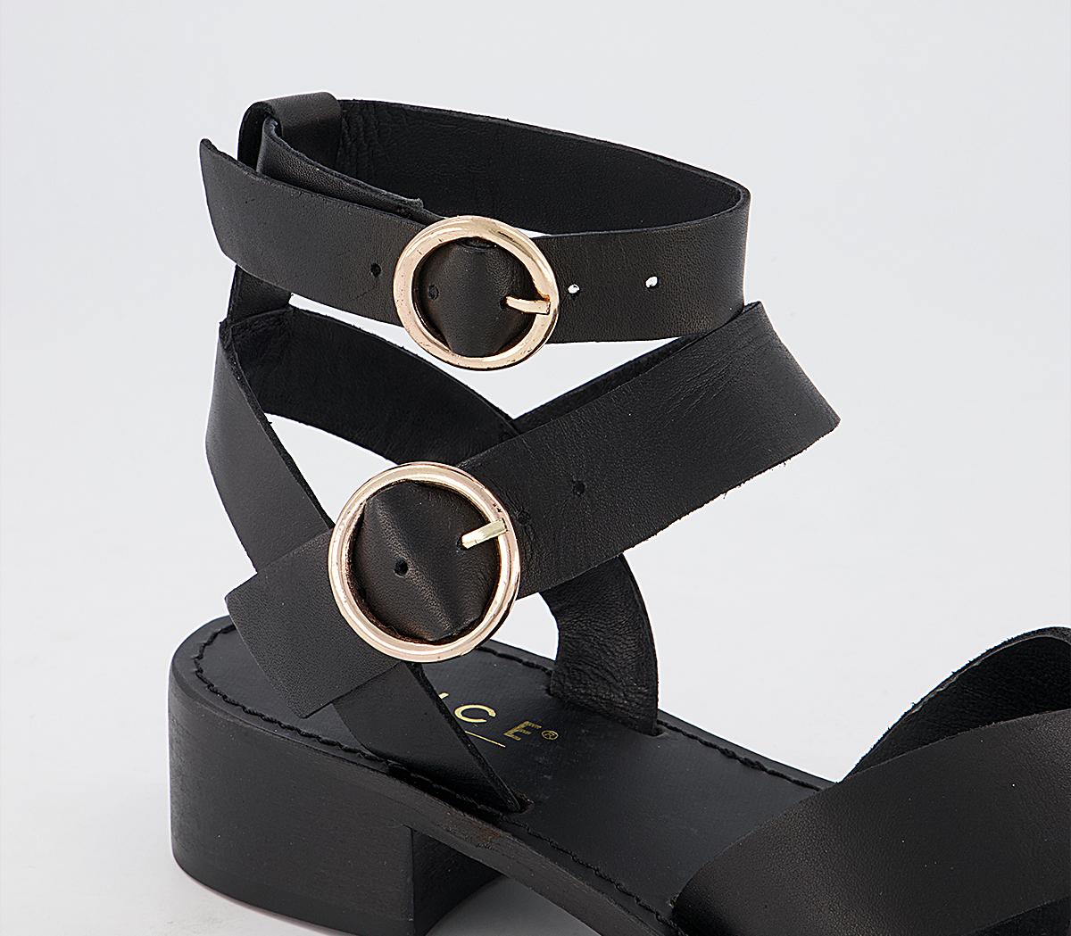 OFFICE Solution Buckle Ankle Strap Sandals Black Leather Women’s Sandals