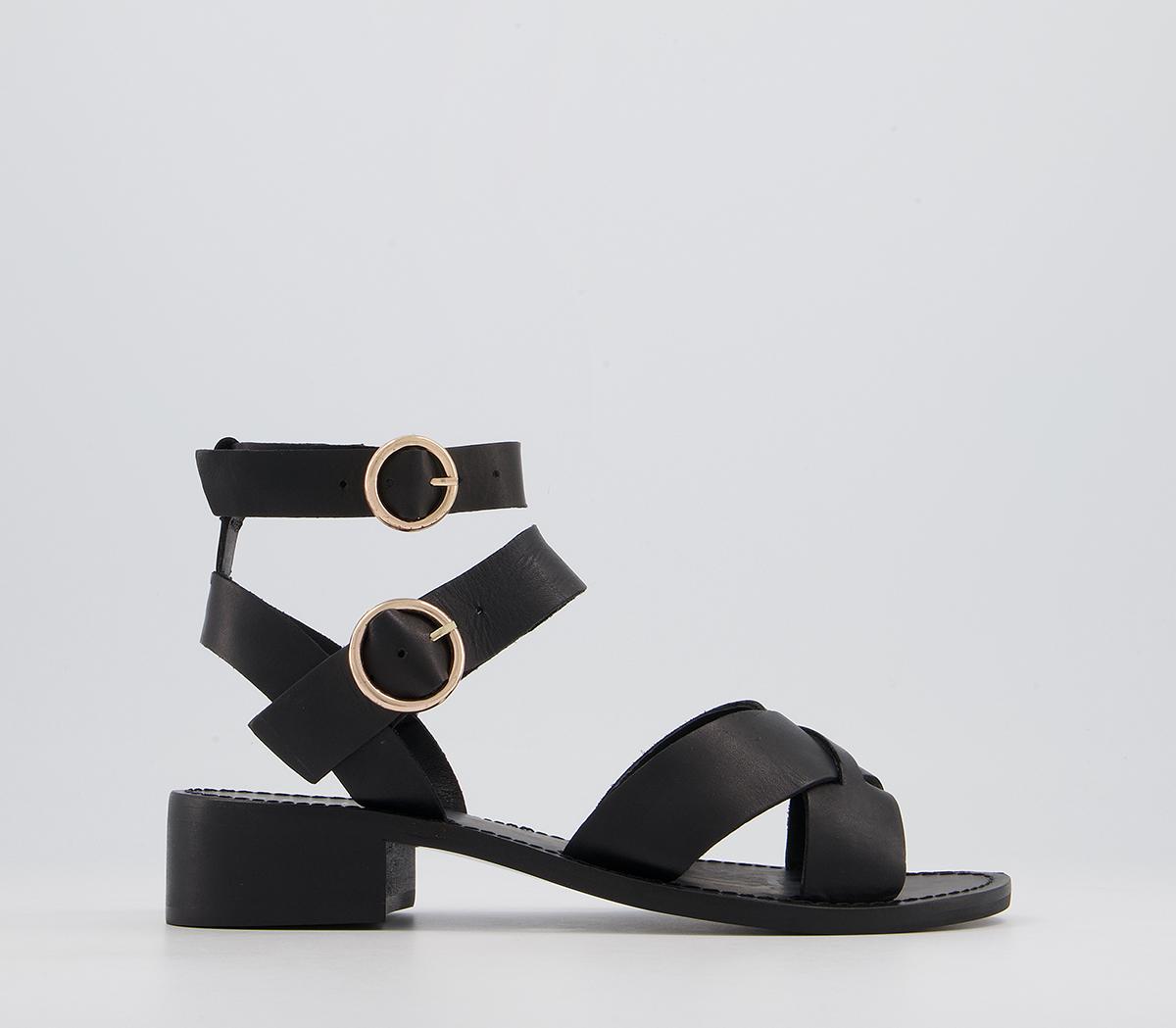 OFFICE Solution Buckle Ankle Strap Sandals Black Leather Women’s Sandals
