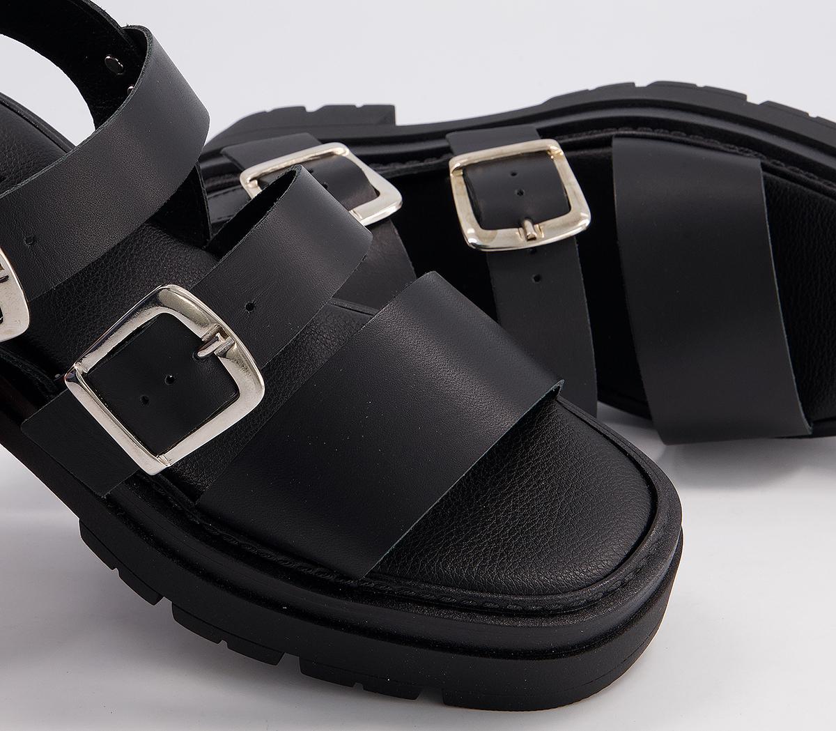 Office Mask Chunky Buckle Sandals Black Leather - Women’s Leather Sandals