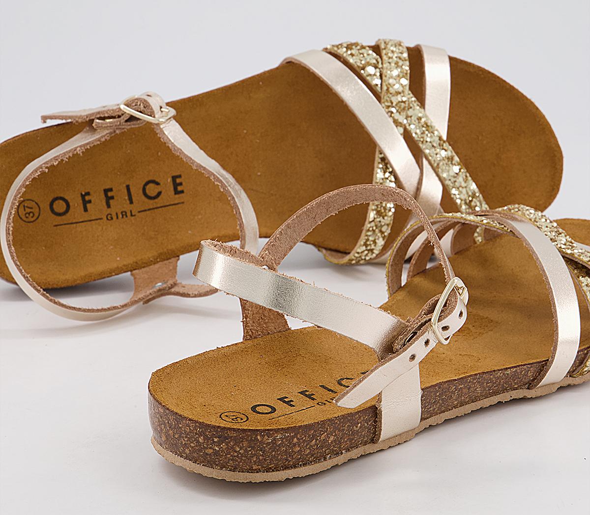 Office Saint Lucia Cross Strap Sandals Office Saint Lucia Cross Strap Sandals Gold Leather Glitter Mix