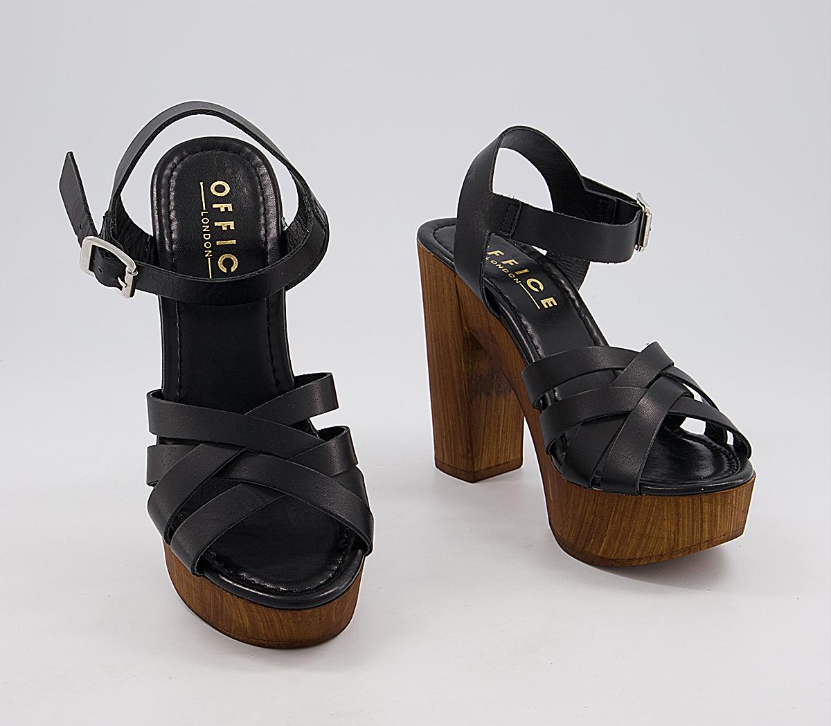 OFFICE Hesse Wood Block Heel Sandals Black Leather High Heels