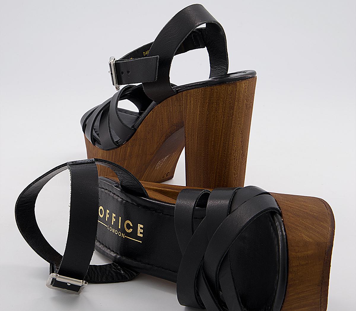 OFFICE Hesse Wood Block Heel Sandals Black Leather High Heels