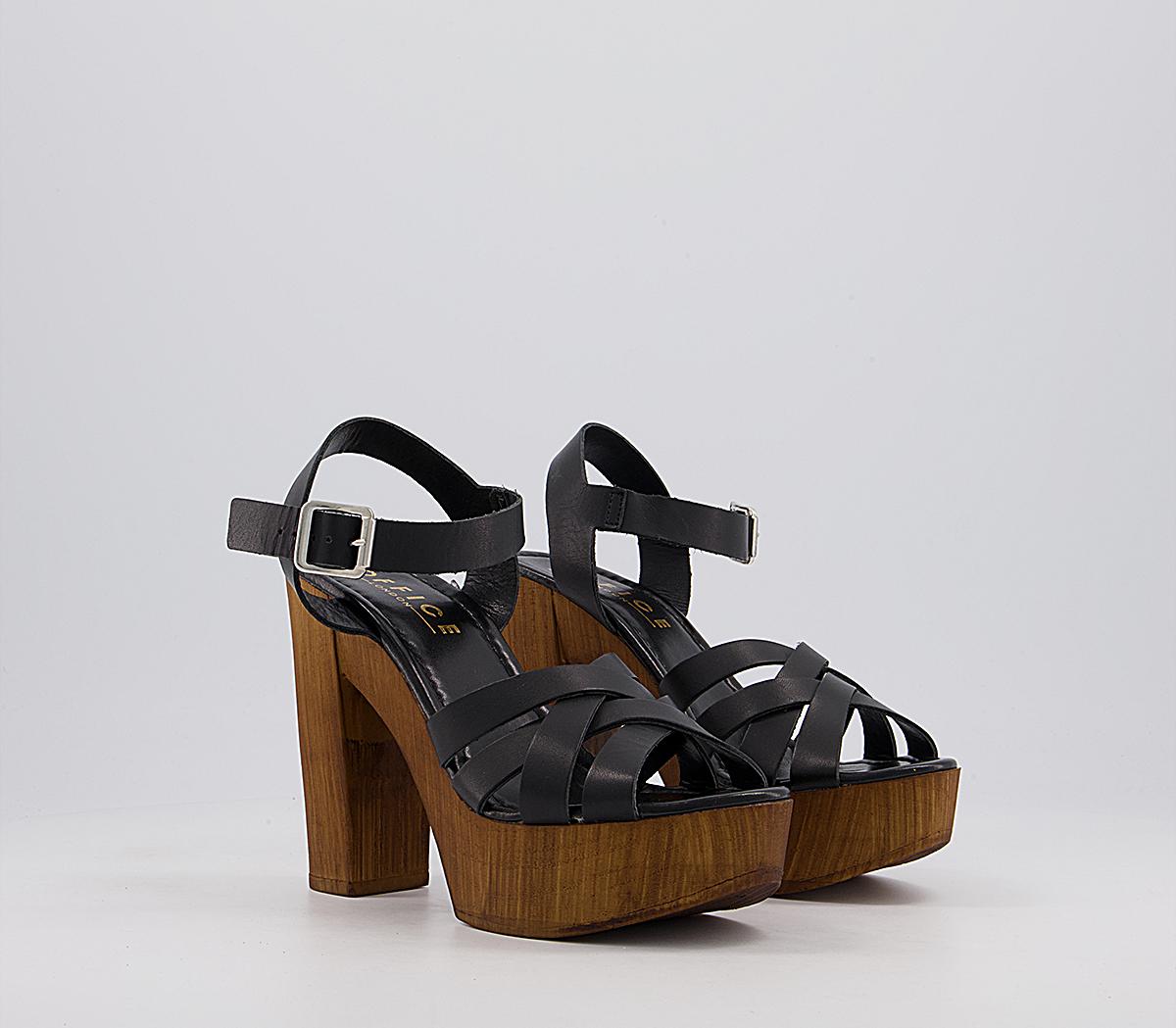 OFFICE Hesse Wood Block Heel Sandals Black Leather High Heels