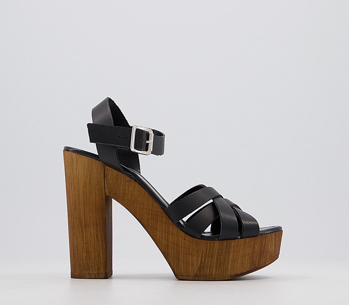 OFFICE Hesse Wood Block Heel Sandals Black Leather High Heels