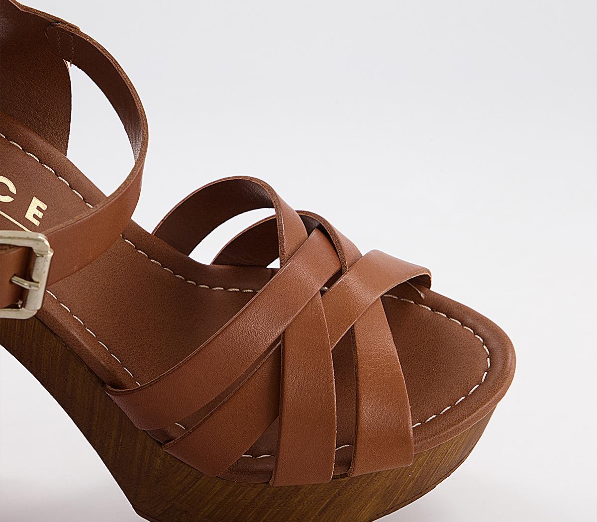 OFFICE Hesse Wood Block Heel Sandals Tan Leather High Heels