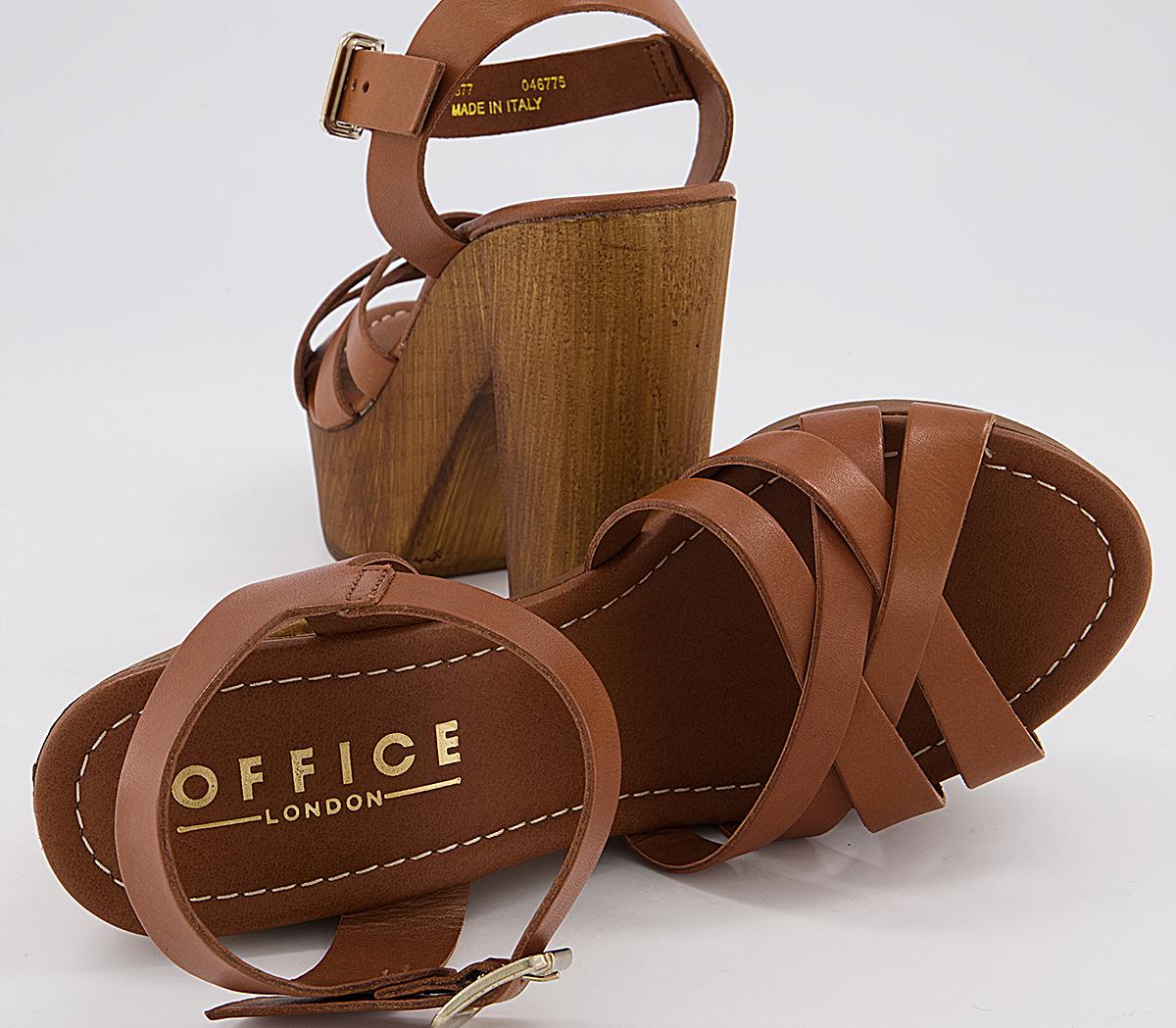 OFFICE Hesse Wood Block Heel Sandals Tan Leather High Heels