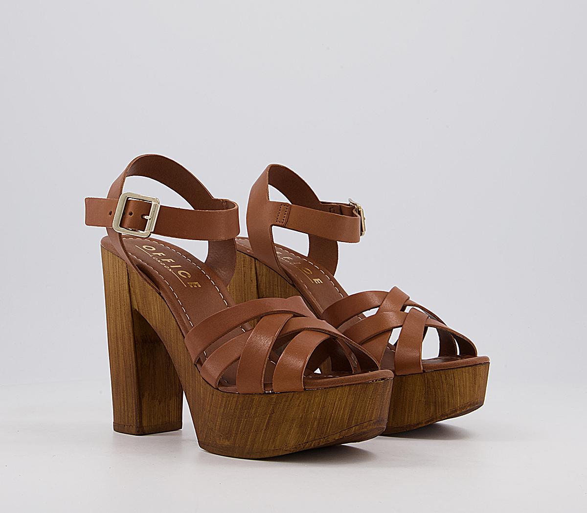 OFFICE Hesse Wood Block Heel Sandals Tan Leather High Heels