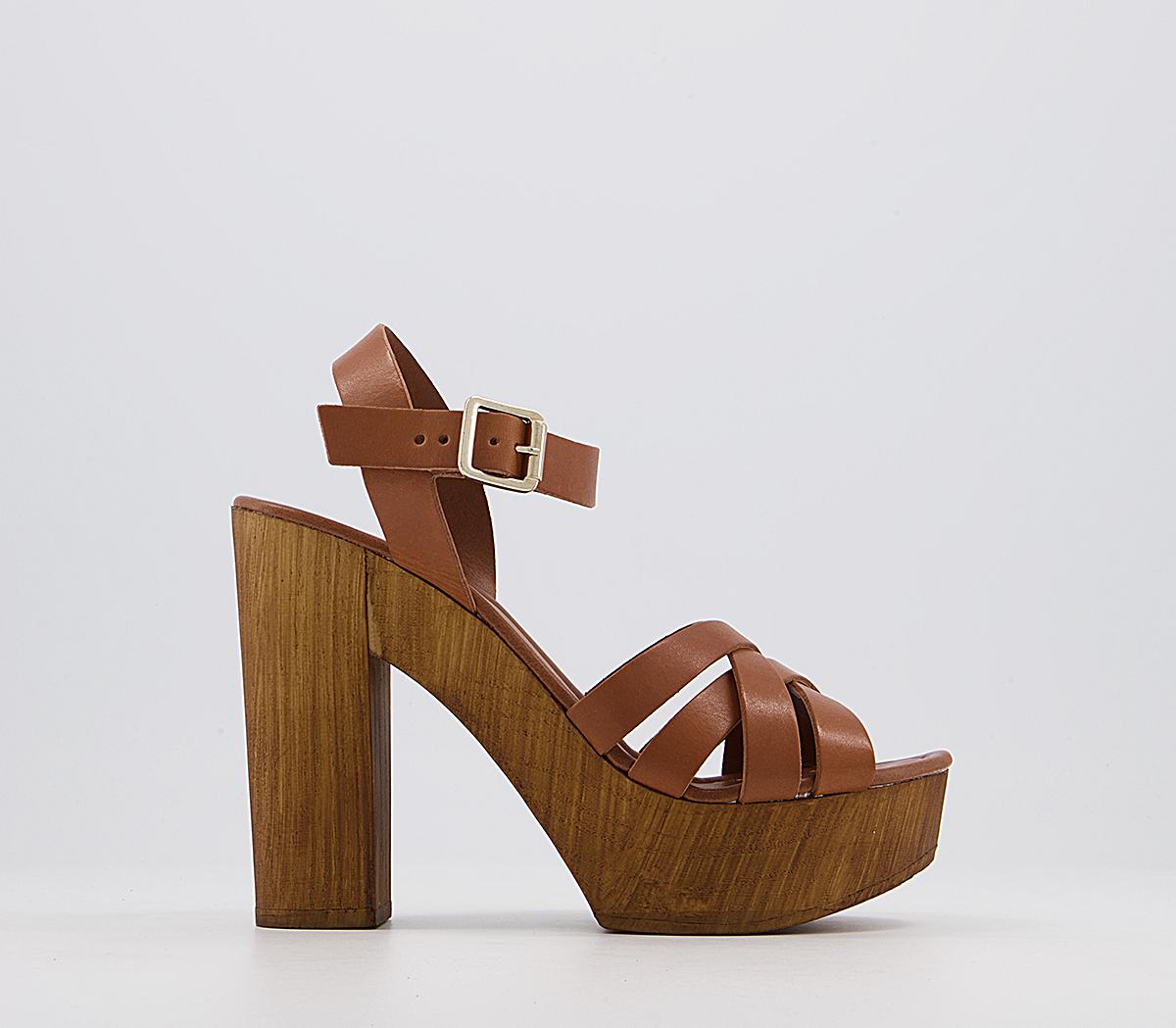 OFFICE Hesse Wood Block Heel Sandals Tan Leather High Heels