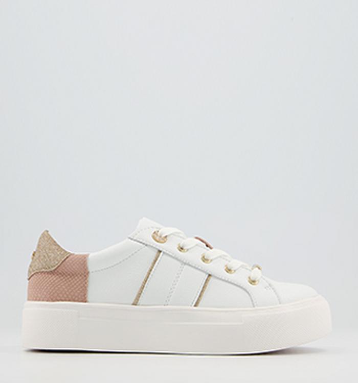 Office Ferrara Glam Lace Up Flatform Trainers White Nude Rose Gold