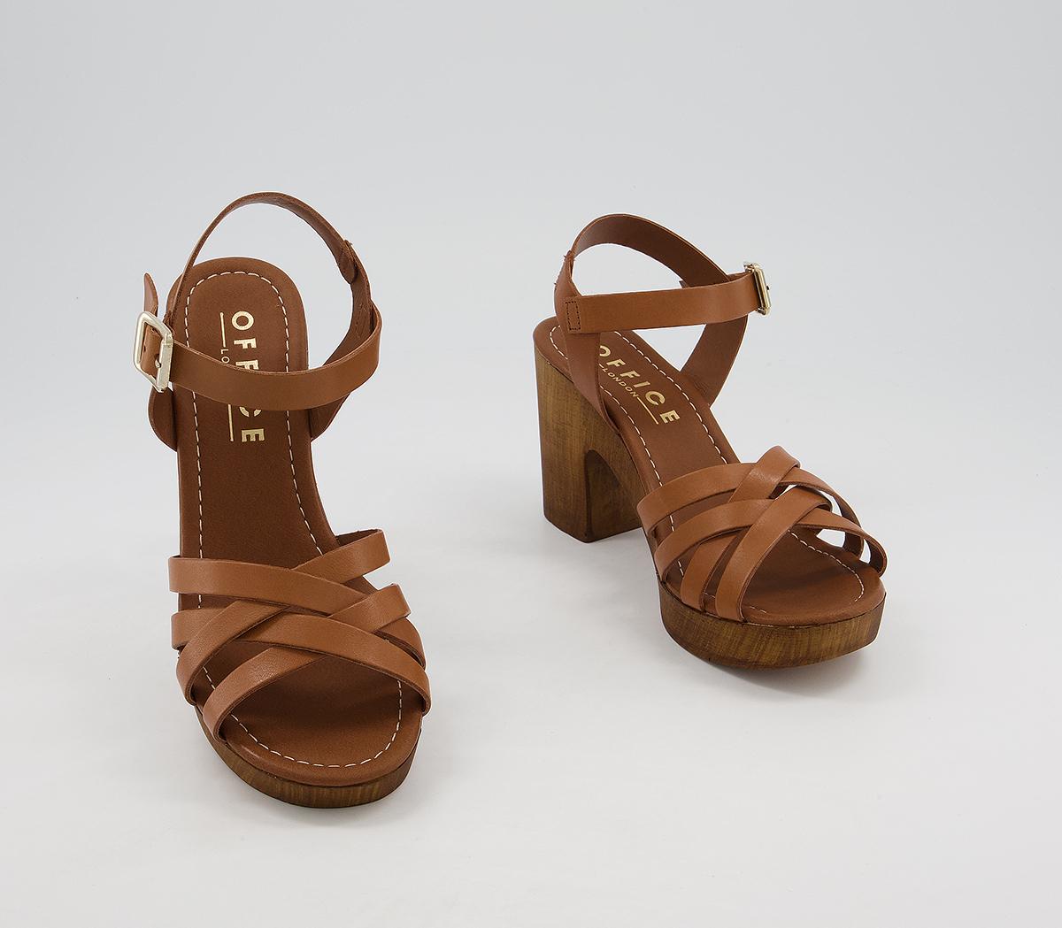 OFFICE Meagan Strappy Two Part Wood Block Heels Tan Leather Mid Heels