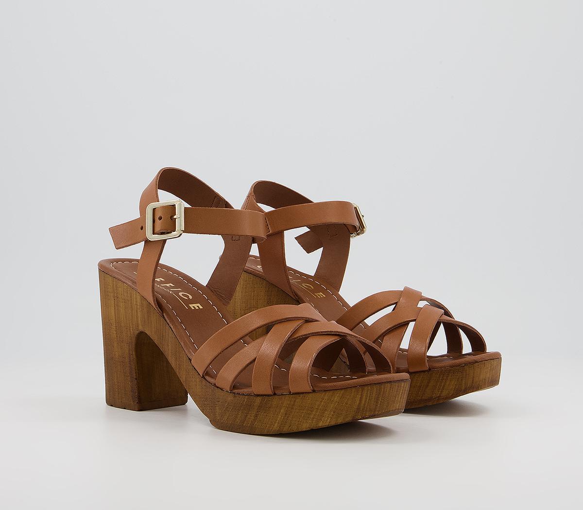 OFFICE Meagan Strappy Two Part Wood Block Heels Tan Leather Mid Heels