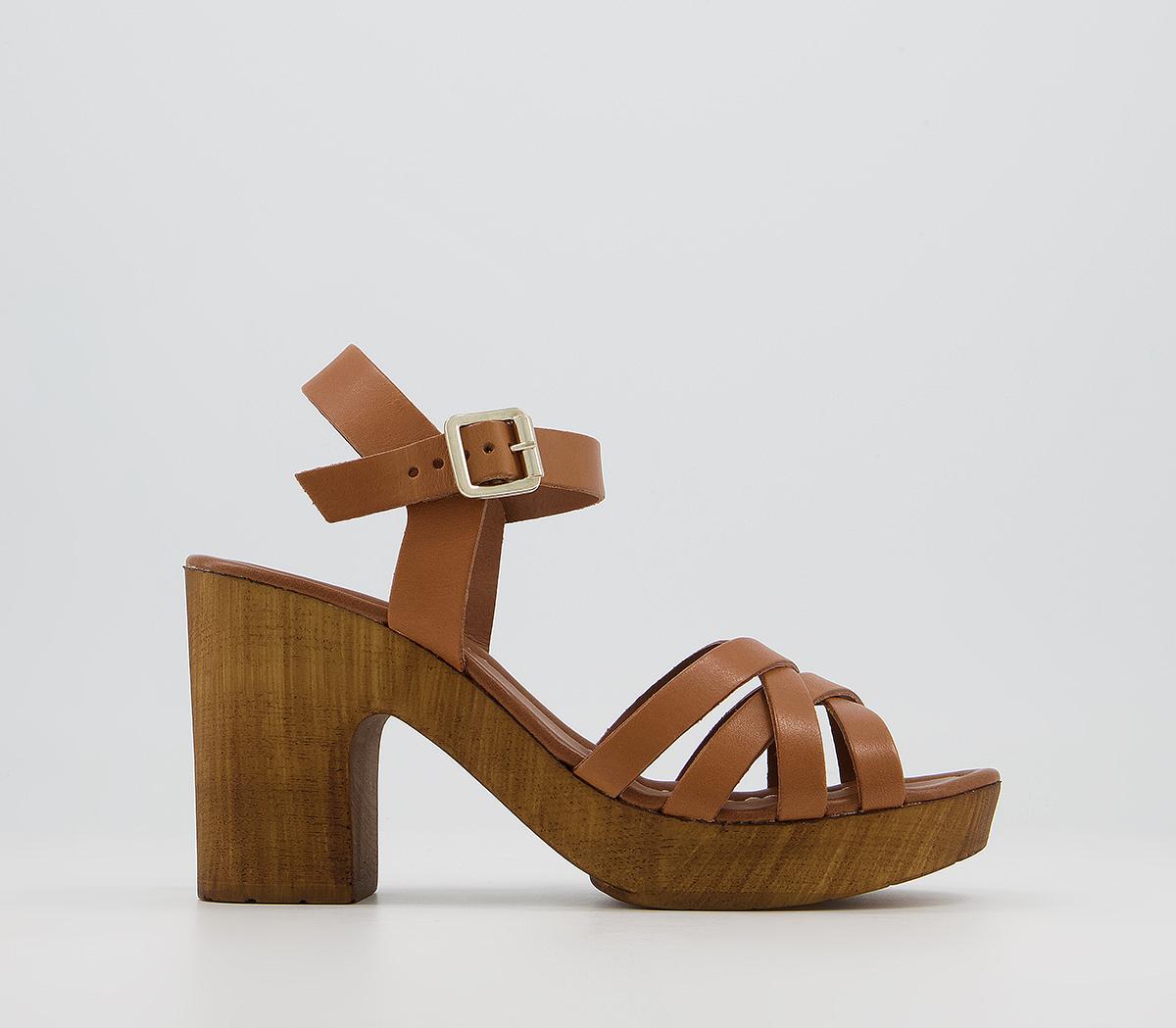 OFFICE Meagan Strappy Two Part Wood Block Heels Tan Leather - Mid Heels