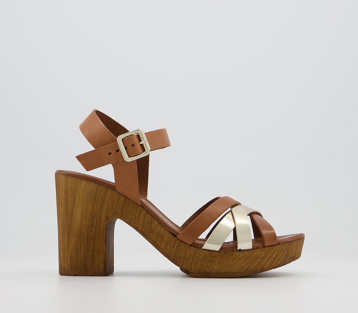 OFFICEMeagan Strappy Two Part Wood Block HeelsTan Gold Leather Mix