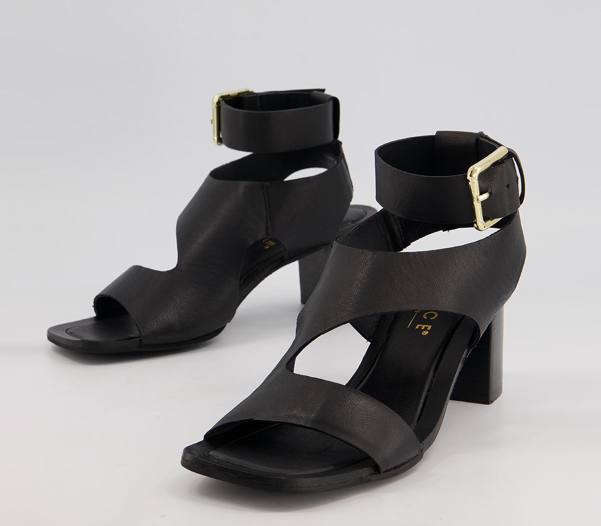 OFFICE Manisa Smart Block Heel Sandals Black Leather Mid Heels