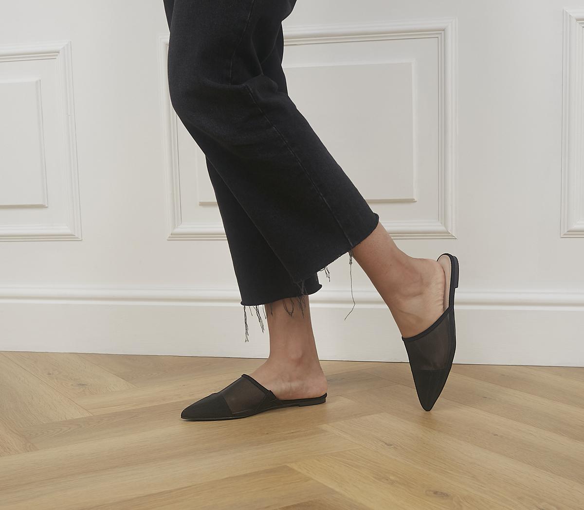 Black pointed store mules flat