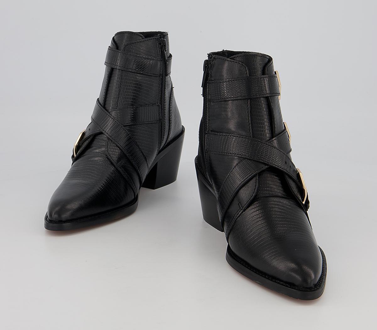 Office Algorithm Cross Strap Buckle Mid Western Ankle Boots Office Algorithm Cross Strap Buckle Mid Western Ankle Boots Black Snake Leather