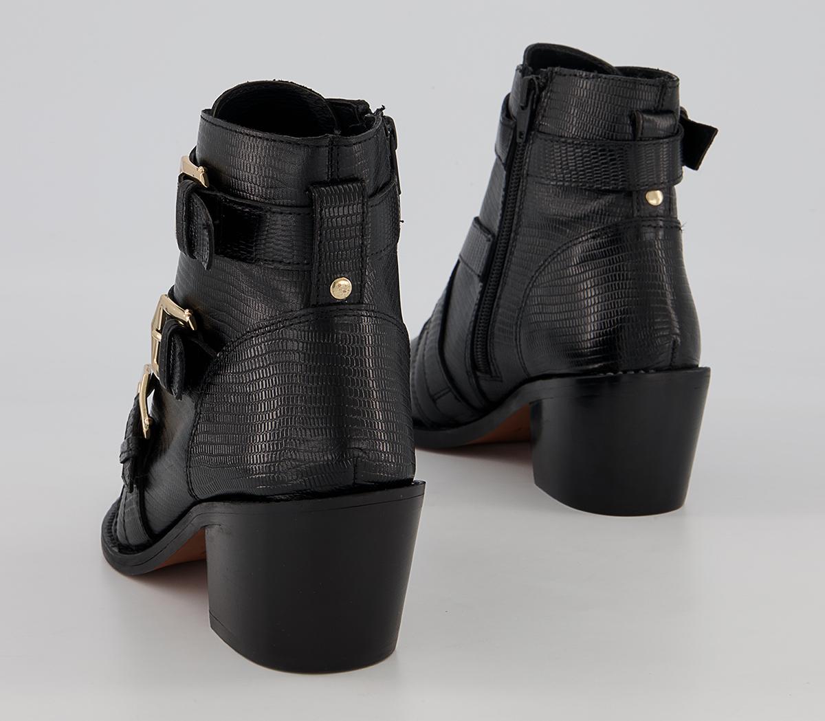 Office Algorithm Cross Strap Buckle Mid Western Ankle Boots Office Algorithm Cross Strap Buckle Mid Western Ankle Boots Black Snake Leather